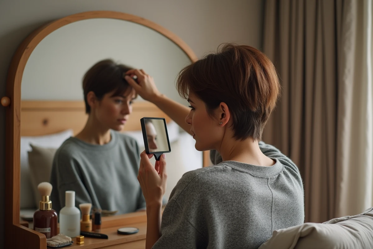 Femme d'une quarantaine d'années examinant l'arrière de sa coupe courte dégradée avec un miroir à main devant sa coiffeuse
