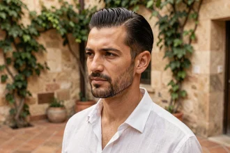 Homme aux cheveux coiffés à l'espagnol avec raie sur le côté et barbe courte soignée