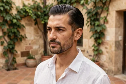 Homme aux cheveux coiffés à l'espagnol avec raie sur le côté et barbe courte soignée