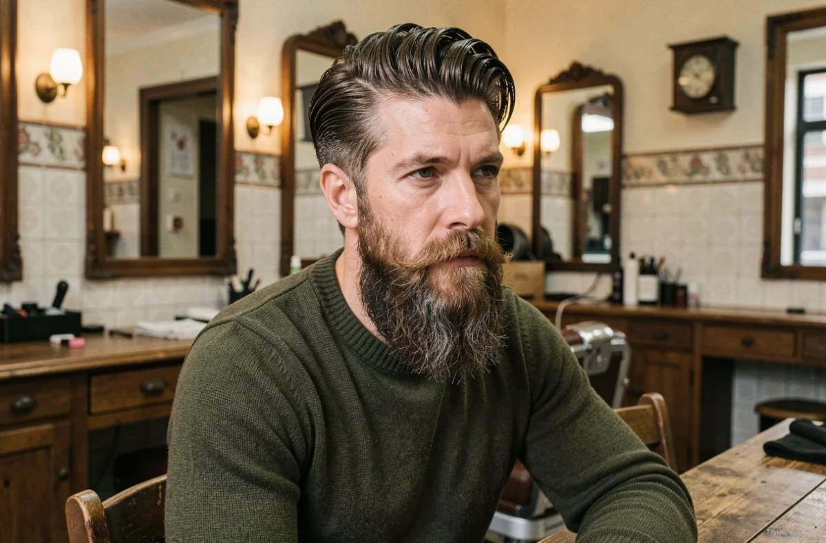 Homme avec coupe à l'espagnol et longue barbe volumineuse dans un salon de coiffure vintage