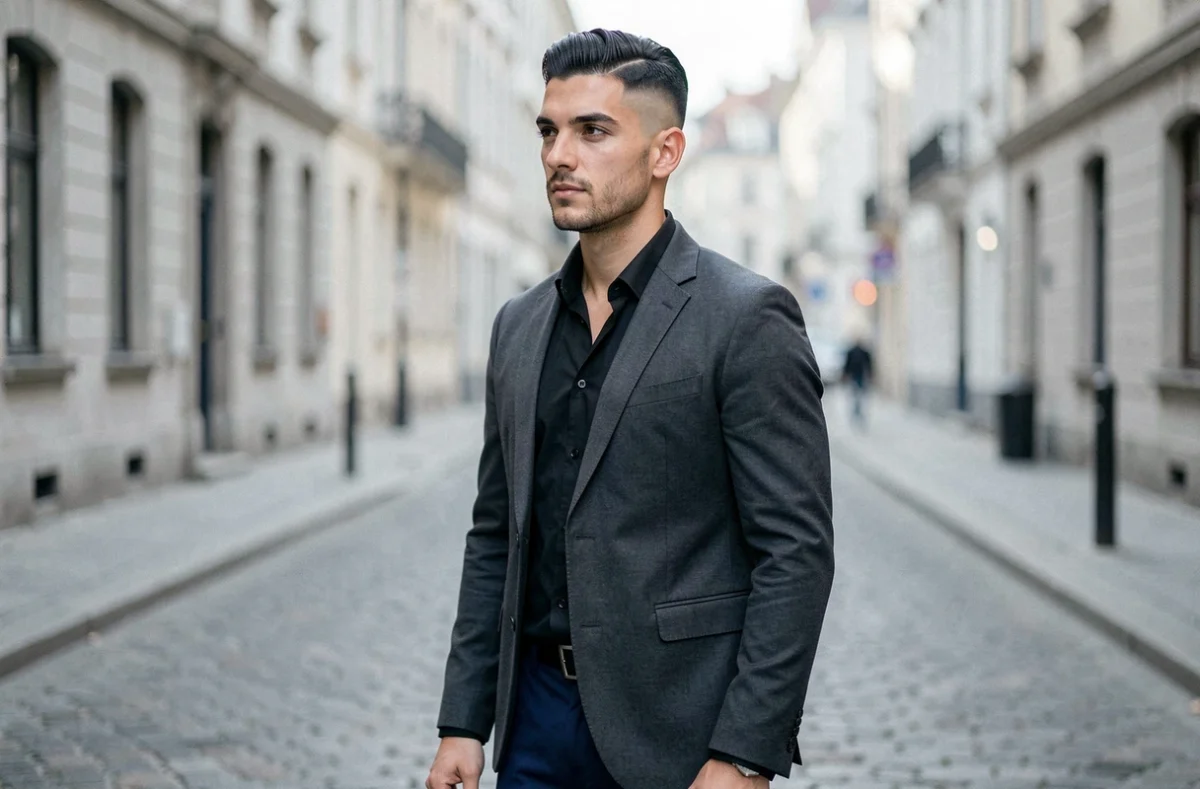 Jeune homme sans barbe avec coupe undercut à l'espagnol dans une rue pavée européenne