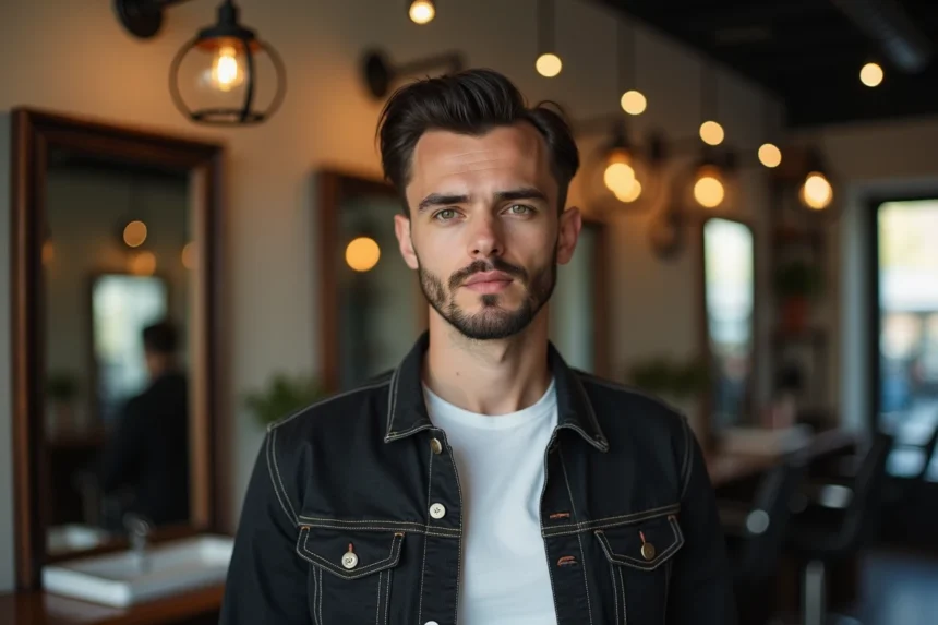 Homme en trentaine arborant une coupe mulet sur cheveux raides noirs avec finition pomade mate dans un salon de coiffure urbain vintage