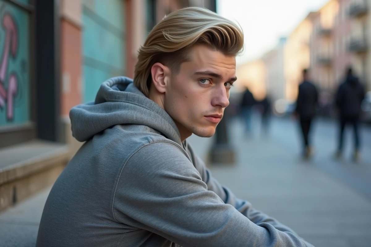 Jeune homme blond avec une coupe mulet moderne sur cheveux raides, nuque dégradée rasée, vue de profil dans un décor urbain extérieur