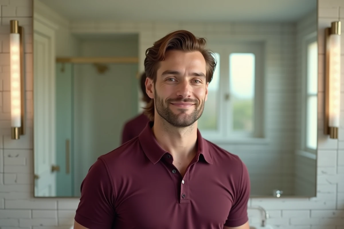 Homme aux cheveux châtains raides coiffés en mulet rétro avec finition gel brillante et raie sur le côté, portrait dans une salle de bain moderne