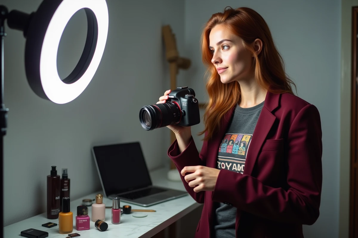 Créatrice de contenu beauté et geek photographiant ses produits avec un appareil photo dans son espace de travail créatif à domicile