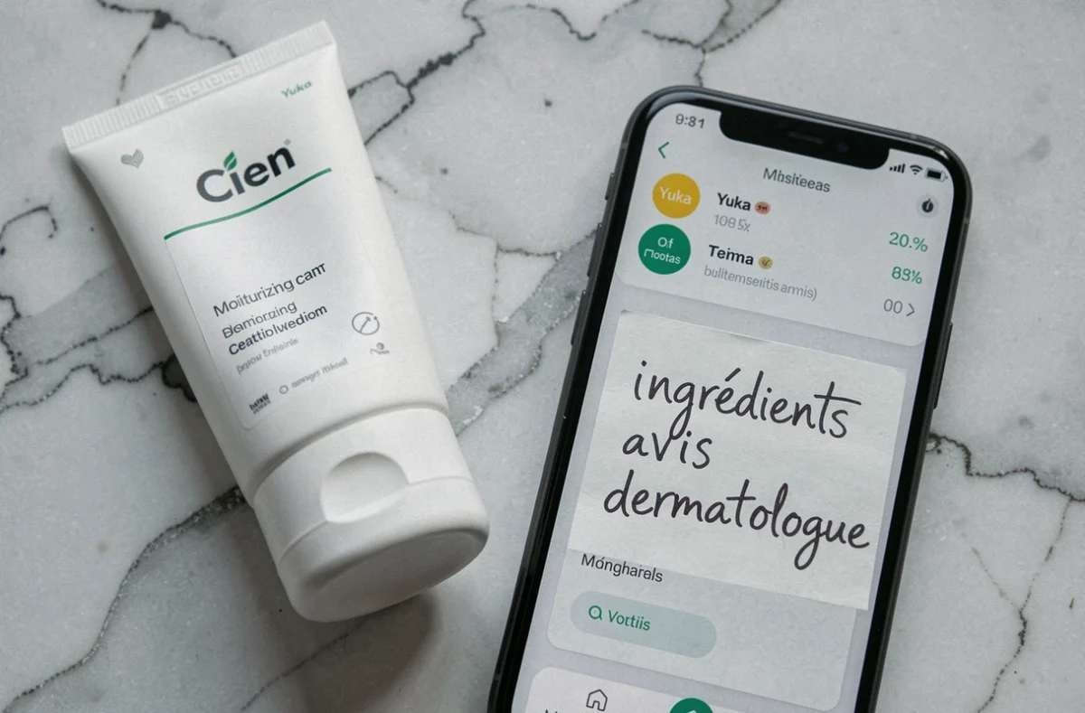Tube de crème Cien posé à côté d'un smartphone affichant un score Yuka sur fond de marbre