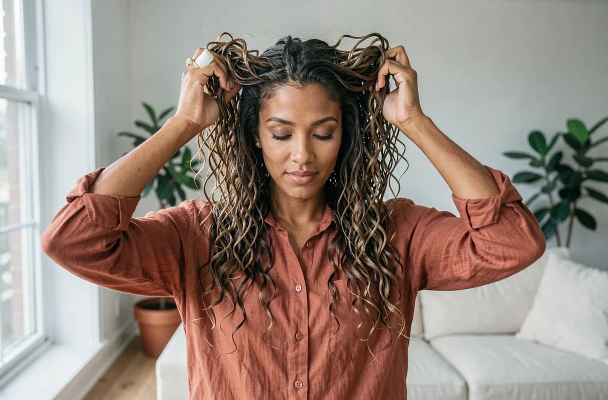 Femme métisse aux boucles spiralées définies tenant une crème coiffante dans un salon lumineux