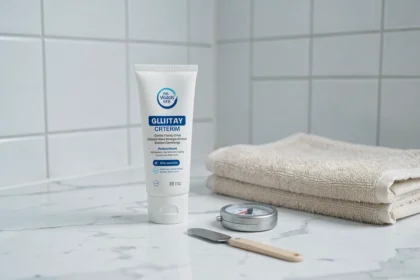 Produits de soin masculin pour épilation à la crème disposés sur un comptoir de salle de bain en marbre blanc