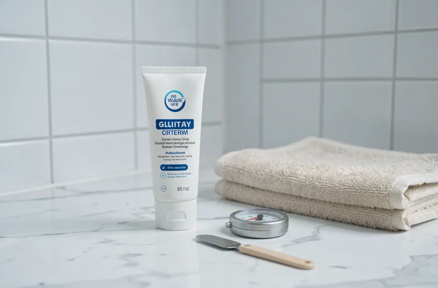 Produits de soin masculin pour épilation à la crème disposés sur un comptoir de salle de bain en marbre blanc