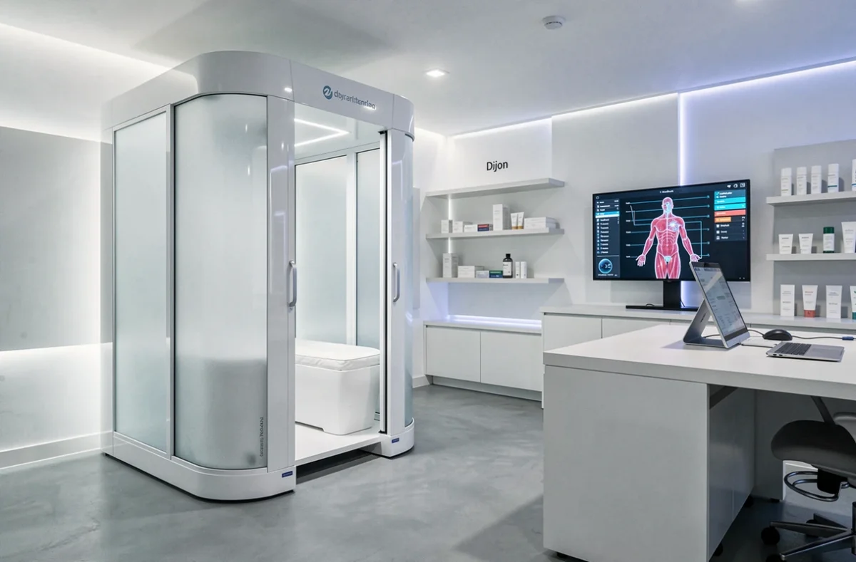 Cabine de cryothérapie et d'amincissement de Cryoperfect à Dijon avec appareil cryogénique moderne et espace clinique