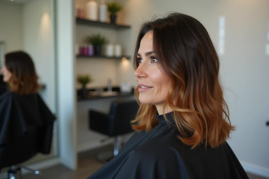 Femme de 40 ans avec un dégradé balayage châtain caramel sur cheveux mi-longs dans un salon de coiffure moderne