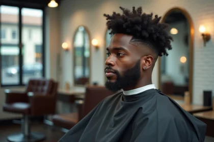 Homme noir aux cheveux afro avec un dégradé blanc impeccable réalisé dans un salon de coiffure moderne