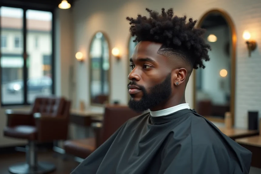 Homme noir aux cheveux afro avec un dégradé blanc impeccable réalisé dans un salon de coiffure moderne
