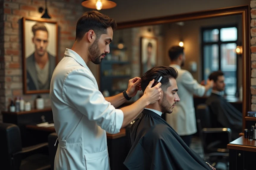 Barbier professionnel réalisant un dégradé en V fondu sur cheveux épais dans un salon de coiffure vintage