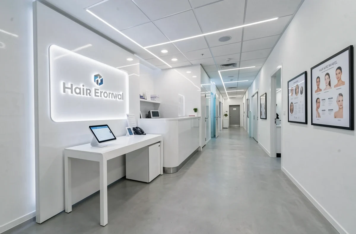 Espace d'accueil technologique de Dépil Tech à Dijon avec design futuriste en blanc et panneaux lumineux