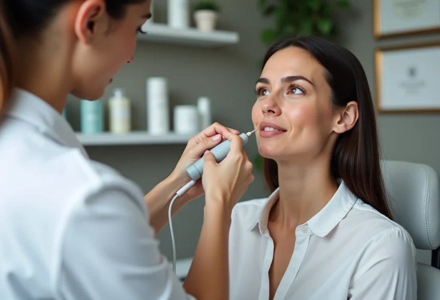Femme en cabinet médical lors d'une séance d'électrolyse visage