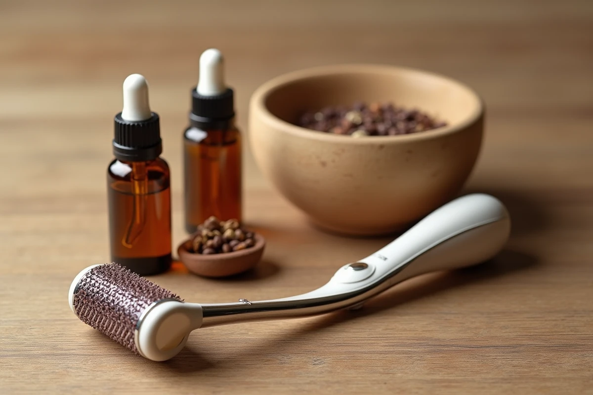 Dermaroller cheveux et sérums capillaires en verre ambré disposés sur une surface en bois naturel pour une routine densifiante