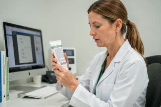 Dermatologue analysant les ingrédients d'une crème hydratante en cabinet médical