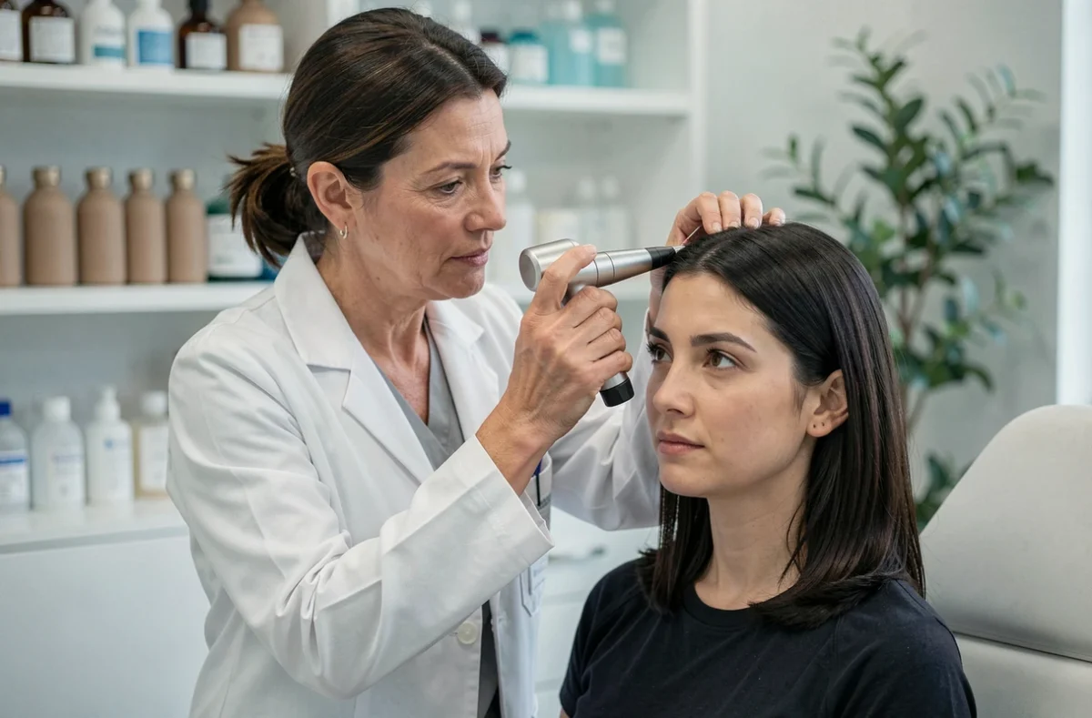 Dermatologue examinant le cuir chevelu d'une patiente avec un trichoscope dans un cabinet médical moderne pour diagnostiquer une alopécie réactionnelle
