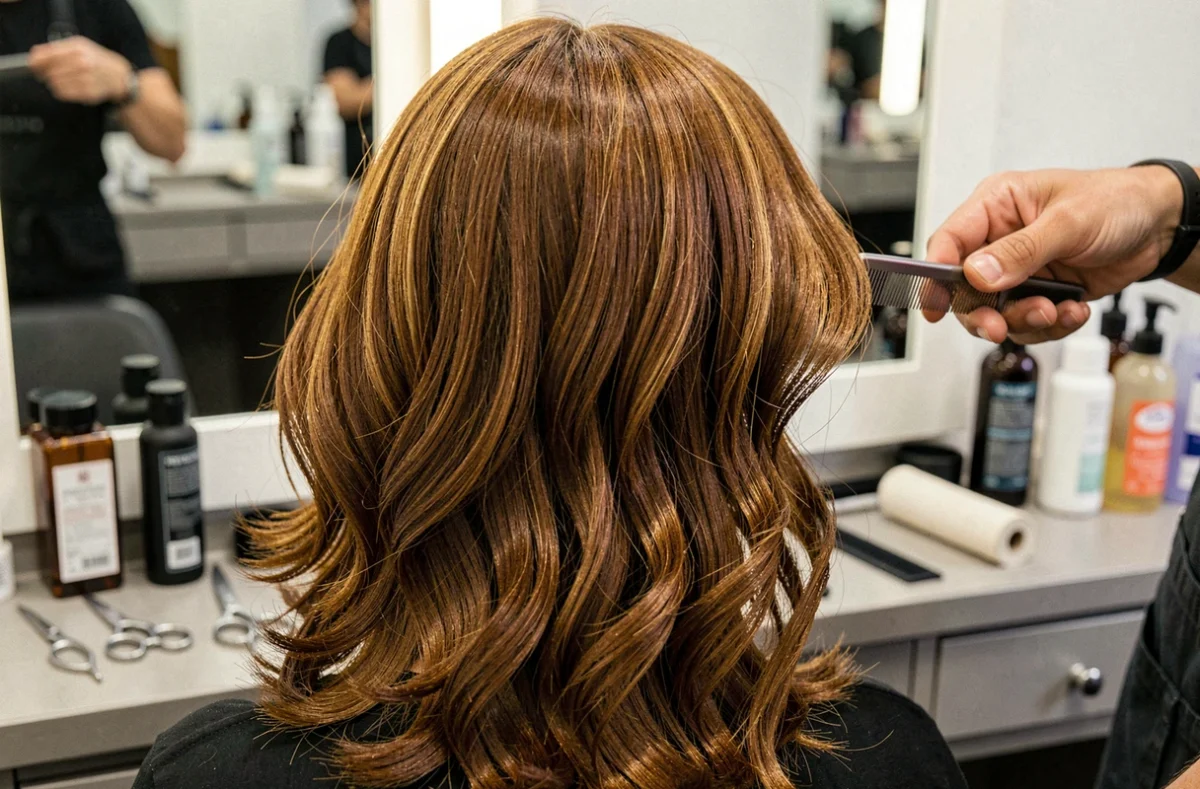 Détail d'une coiffure femme aux cheveux châtains ondulés fraîchement stylisés dans un salon de coiffure