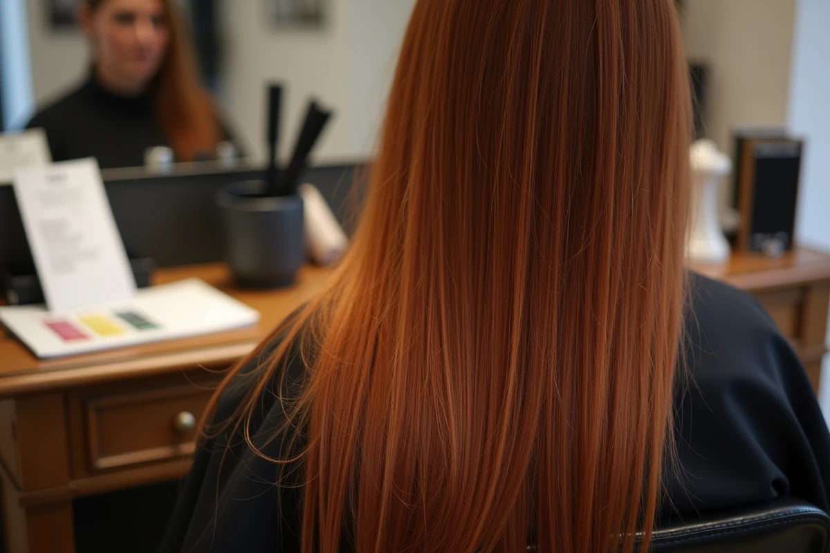 Détail de cheveux colorés en auburn avec tarif de coloration posé sur le comptoir d'un salon de coiffure