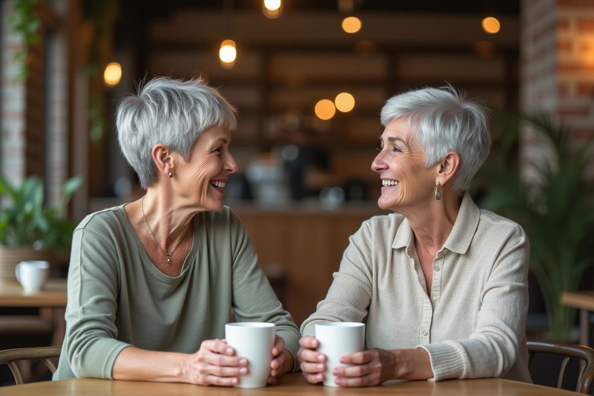 Deux femmes quinquagénaires aux cheveux gris naturels riant ensemble dans un café, illustrant la confiance en soi et l'acceptation capillaire
