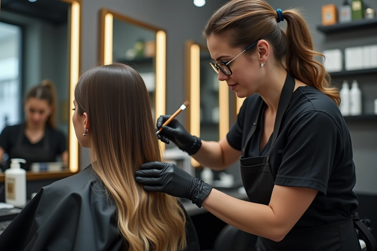 Coiffeuse appliquant des techniques de balayage et de mèches sur les cheveux d'une cliente en salon