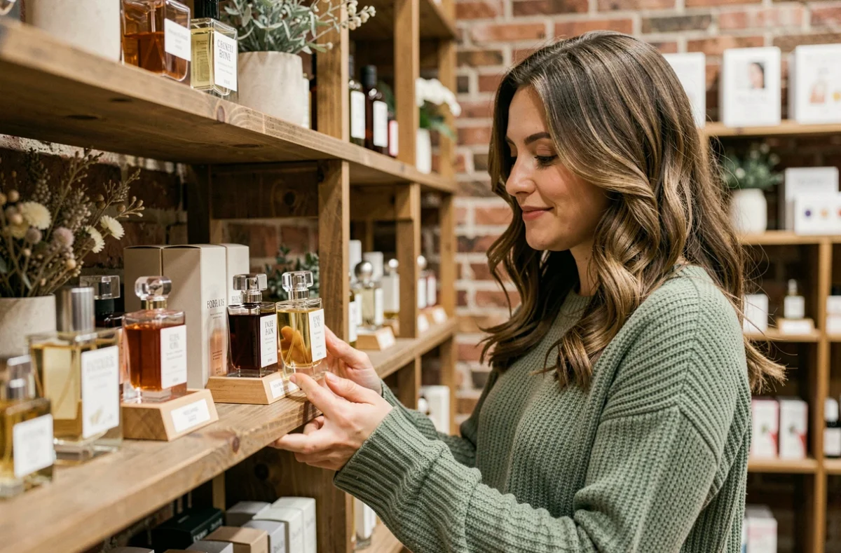 Jeune femme explorant une collection de flacons de parfum dupe sur une étagère en bois dans une boutique de beauté indépendante