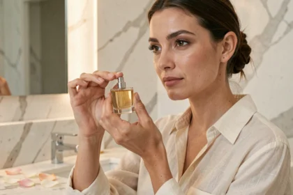Femme tenant un flacon de parfum élégant en verre sur un comptoir en marbre blanc dans une salle de bain minimaliste parisienne