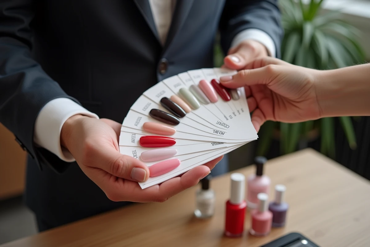 Gros plan de mains avec échantillons de vernis à ongles