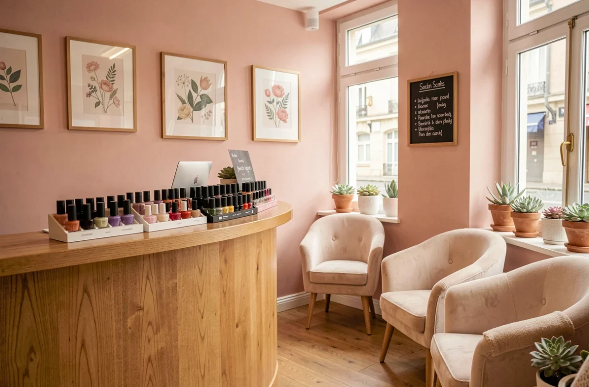 Réception accueillante de l'institut En Corps Plus Belle à Dijon avec décor féminin rose et bois naturel