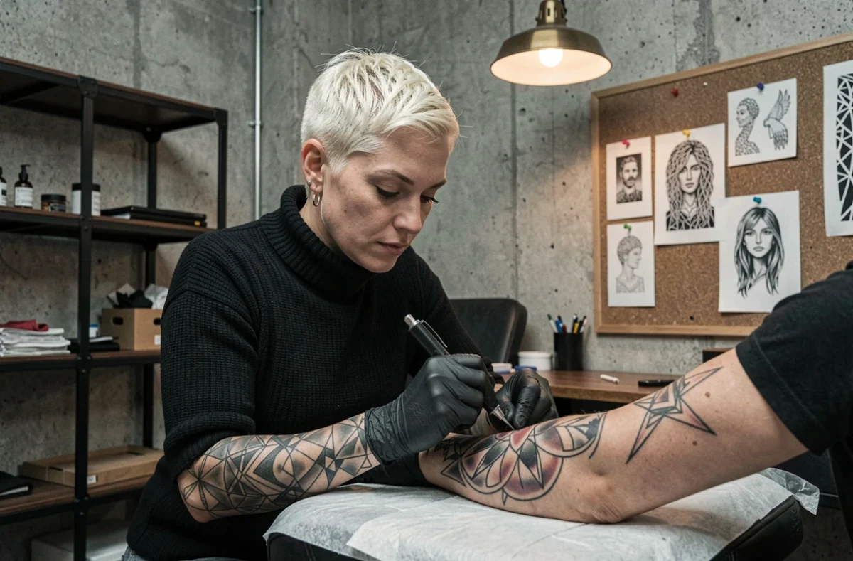 Tatoueuse d'Encrer dans la Peau à Calais concentrée sur un tatouage néo-traditionnel dans un studio au style industriel en béton brut