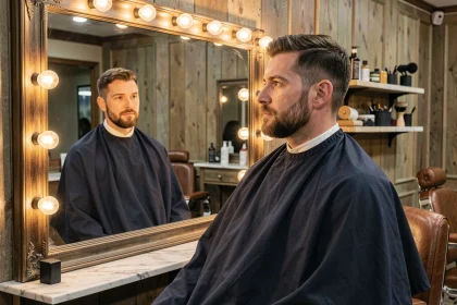 Homme avec une barbe courte et bien taillée se regardant dans le miroir d'un salon de barbier moderne pour adapter l'entretien à la forme de son visage