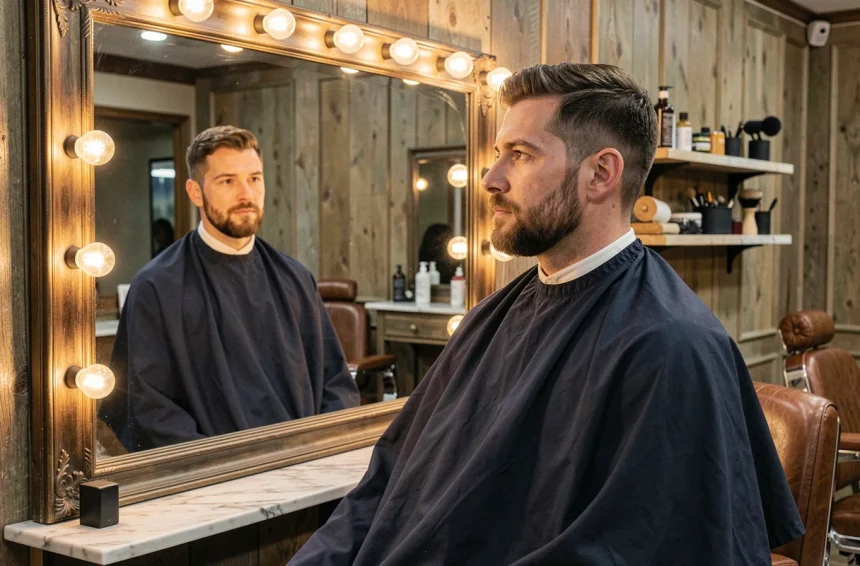 Homme avec une barbe courte et bien taillée se regardant dans le miroir d'un salon de barbier moderne pour adapter l'entretien à la forme de son visage