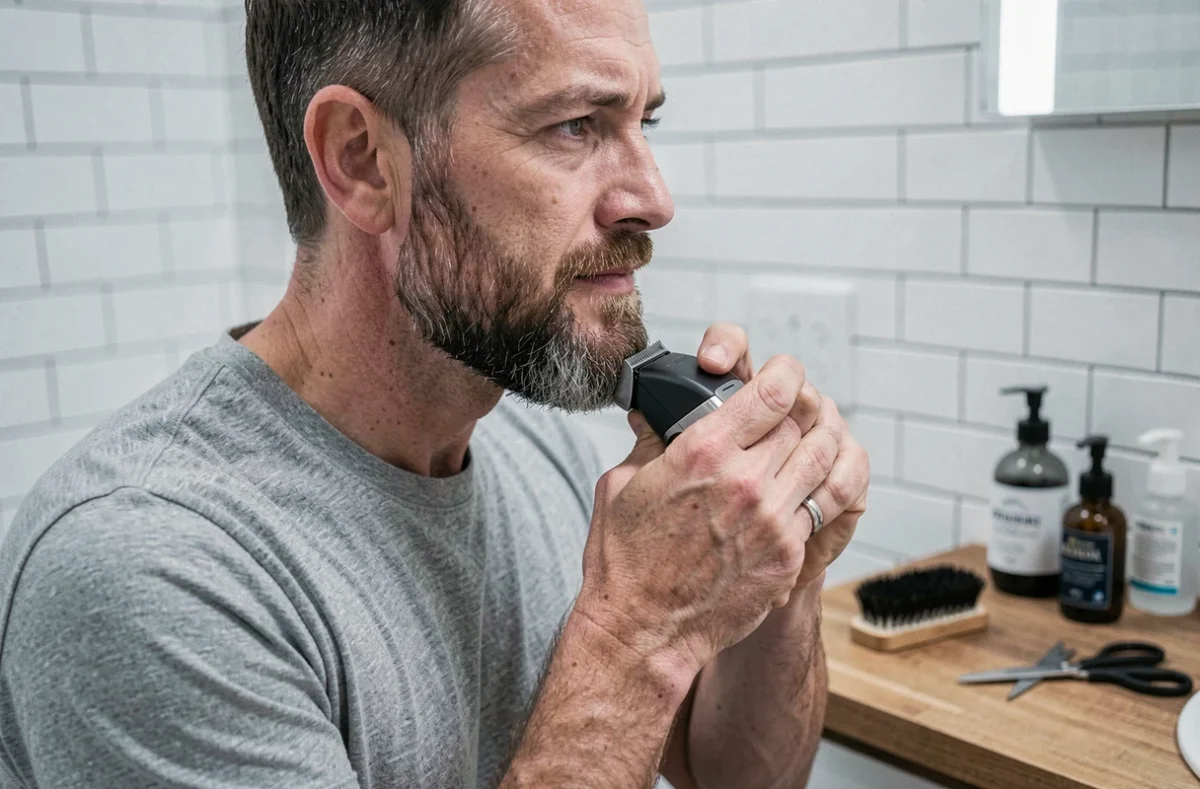 Homme aux mâchoires carrées entretenant sa barbe mi-longue avec une tondeuse électrique devant son miroir de salle de bain, produits de soin visibles en arrière-plan
