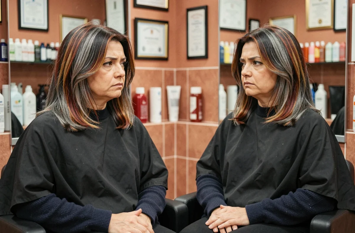 Femme brune avec des reflets inégaux et des erreurs de colorimétrie visibles dans un miroir de salon de coiffure