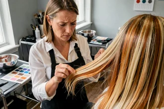 Coiffeuse professionnelle examinant une mèche de cheveux blonds avec des reflets cuivrés non désirés dans un salon de coiffure