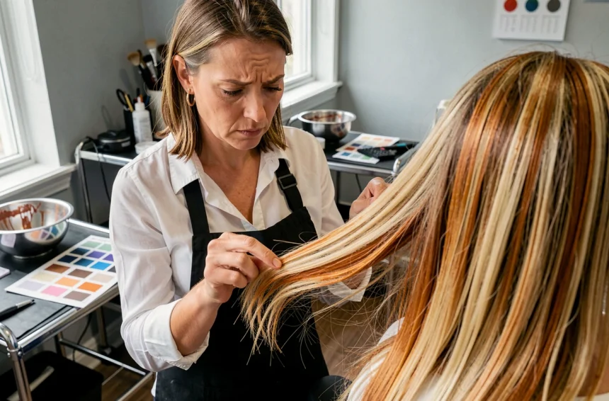 Coiffeuse professionnelle examinant une mèche de cheveux blonds avec des reflets cuivrés non désirés dans un salon de coiffure