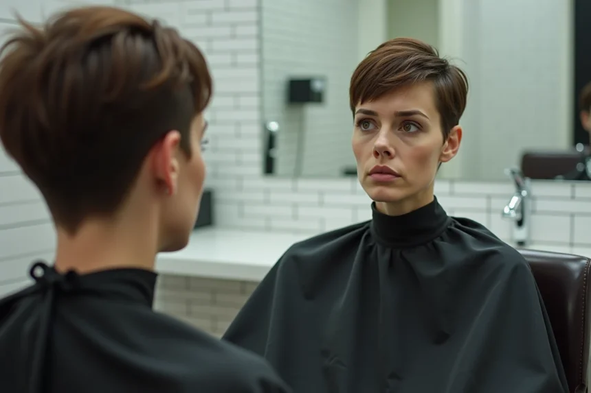 Femme aux cheveux courts mal coupés assise dans un fauteuil de salon de coiffure, regardant son reflet dans un miroir avec une expression dubitative