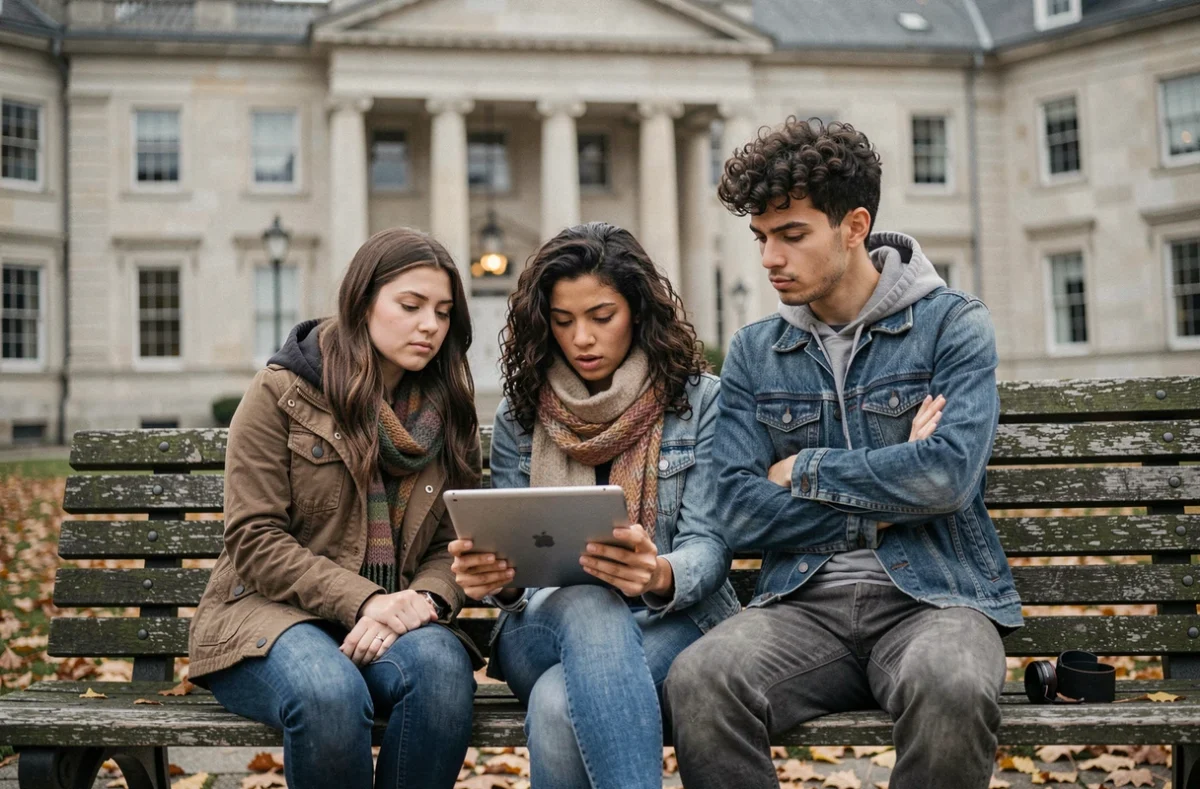 Groupe d'étudiants aux réactions diverses face à un contenu viral sur une tablette, représentant le débat entre curiosité et prudence face aux leaks sur internet