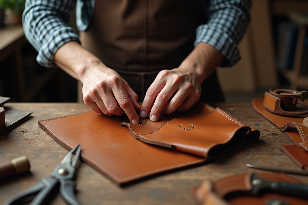 Main d artisan cousant un troussegalant en cuir sur un établi