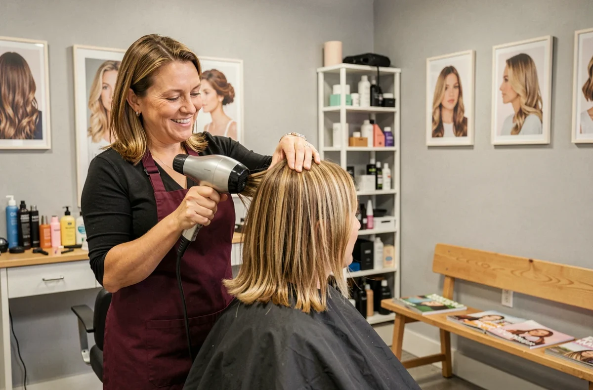 Coiffeuse réalisant un brushing dans le salon Femina Coiffure à Illkirch-Graffenstaden