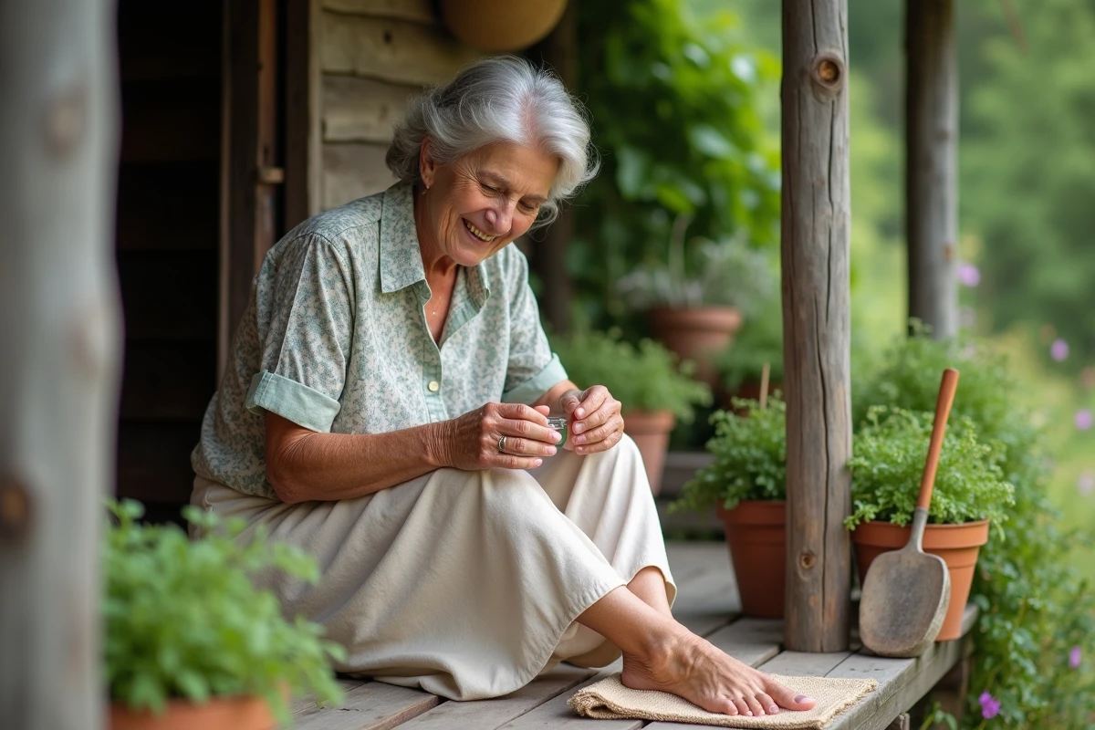 Femme âgée appliquant une huile sur ses jambes en extérieur