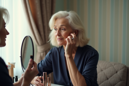 Femme mature appliquant du maquillage dans sa chambre