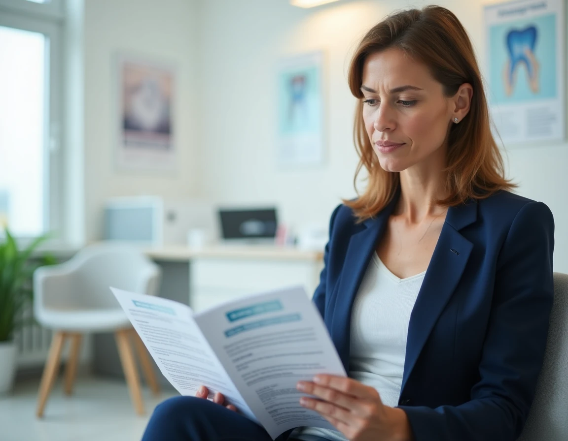 Femme lisant des avis consommateurs sur un produit blancheur dentaire dans une salle d'attente