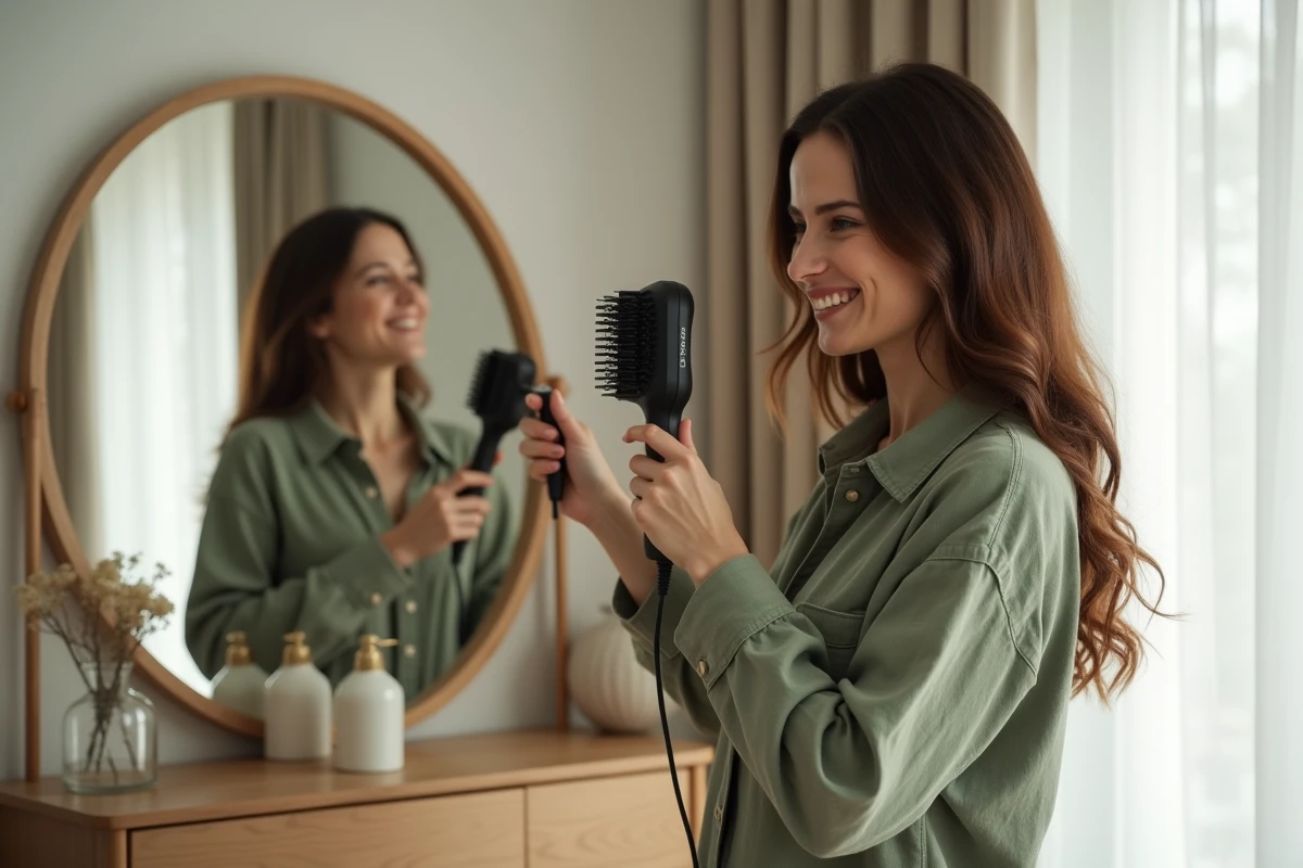 Femme d'âge mûr avec balayage brun utilisant une brosse soufflante dans une chambre moderne lumineuse