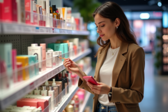Femme élégante dans une allée de maquillage moderne