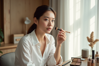 Femme appliquant du fond de teint dans un vanity lumineux