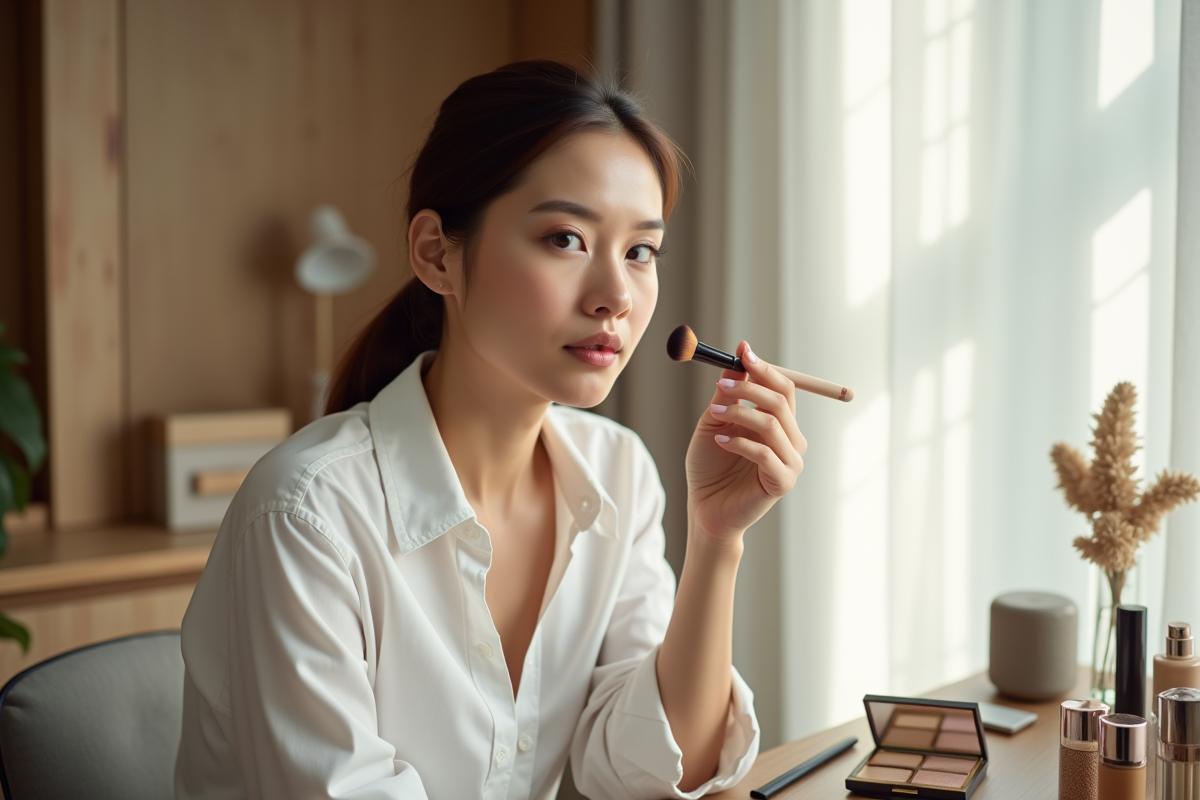 Femme appliquant du fond de teint dans un vanity lumineux