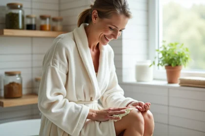 Femme souriante se massant les cuisses avec une pâte aux herbes